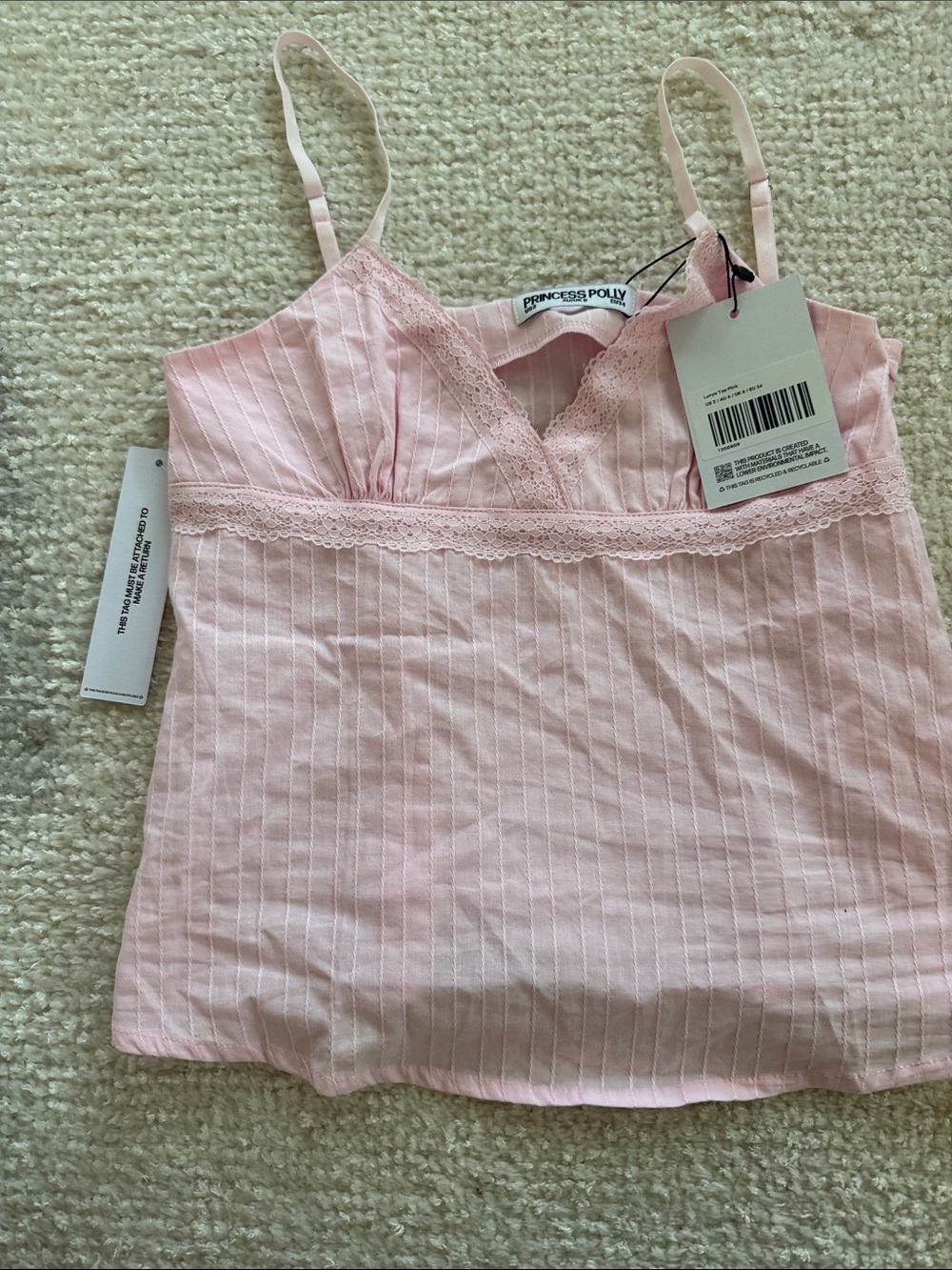 Princess Polly Pale Pink Lace-Trim Striped Cami